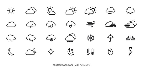 Weather Linear Icons. Weather forecast. Meteorological symbols. Suny, cloudy, rainy, thunderstorm, windy, snow etc. Vector web icons.