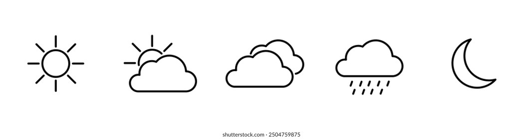 Weather Linear Icons. Weather forecast. Meteorological symbols. Suny, cloudy, rainy, thunderstorm, windy, snow etc. Vector web icons.