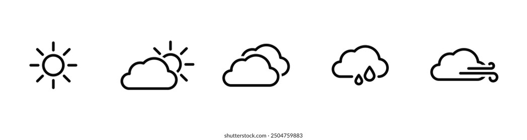 Weather Linear Icons. Weather forecast. Meteorological symbols. Suny, cloudy, rainy, thunderstorm, windy, snow etc. Vector web icons.