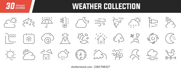 Weather linear icons set. Collection of 30 icons in black
