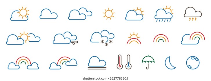 Weather linear icons set isolated on transparent background. Cloud, sun, rain, rainbow, temperature, moon, fog, wind, cloudy, snow, snowflake, sunrise, etc.  icons. Editable Stroke.