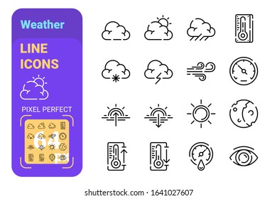 Weather linear icons set vector illustration. Collection os sun, cloud, snowflake, thermometer, wind and visibility symbols flat style. Weatherforecast concept. Isolated on white