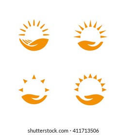 Weather Logo Set. Hand Holding The Sun. Vector 