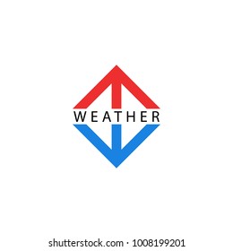 Weather logo, two diverging arrows shape pointing up and down, symbols of growth and fall indicators, red arrow hot, blue symbol cold temperature.