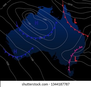 Weather map of the Australia. Meteorological forecast on a dark background. Editable vector illustration of a generic weather map showing isobars and weather fronts. Weather forecast. Vector EPS 10