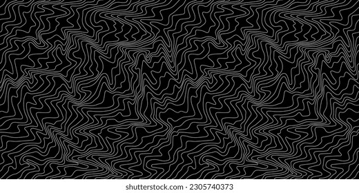 Wetter Karte schwarzer Hintergrund mit weißen Wellen. Abstraktes Vektormuster Nahtlos mit Contour-Linien. Monohrome Geometrische lineare topographische Textur.