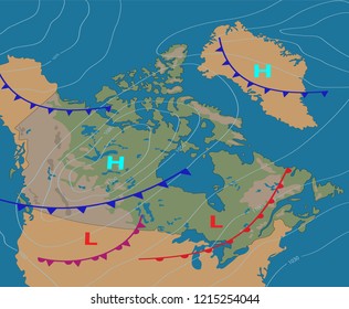 Weather Map Of The Canada. Realistic Synoptic Map Of The  Country Showing Isobars And Weather Fronts.Canada Bordered By USA And Alaska. Meteorological Forecast. Vector Illustration. EPS 10