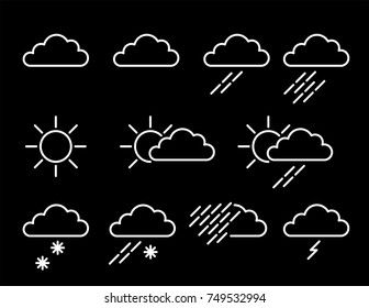 Weather Map Icons Featuring Sun, Cloud, Rain, Sleet, Snow, Thunder And Fog, Plus Variants Of Each All As White Vectors.