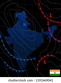 Weather map of the India. Meteorological forecast on a dark background. Editable vector illustration of a generic weather map showing isobars and weather fronts.EPS 10