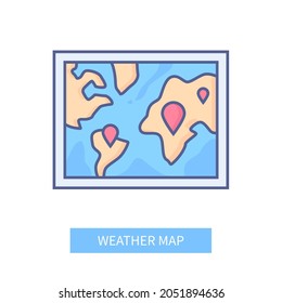 Weather map - modern line design style icon on white background. Neat detailed image of wall picture or TV screen with continents, ocean and marked locations. Forecast and data analysis idea