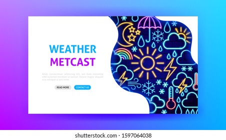 Weather Metcast Neon Landing Page. Vector Illustration of Forecast Promotion.