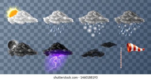 Weather meteo icons realistic set vector illustration. Realistic elements for weather forecast, sun, moon, clouds with snow and rain, thunderstorm with lightning isolated on transparent background