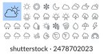Weather and meteorology editable stroke outline icons set isolated on white background flat vector illustration. Pixel perfect. 64 x 64