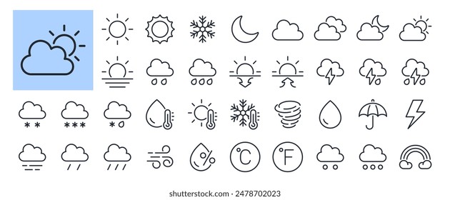 Weather and meteorology editable stroke outline icons set isolated on white background flat vector illustration. Pixel perfect. 64 x 64