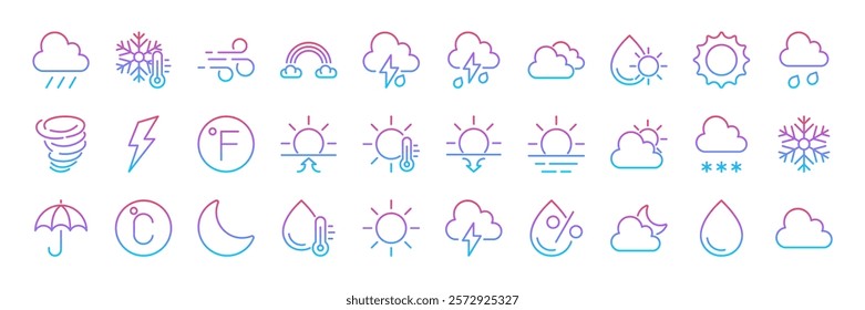 Weather and meteorology editable stroke outline icons set isolated on transparent background flat vector illustration. Pixel perfect. 64 x 64