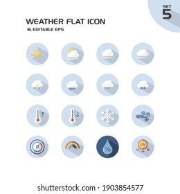 Weather and meteorology group. Sun, clouds, temperature and pressure. Isolated icon set in a circle. Flat vector illustration