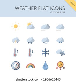 Weather and meteorology group. Sun, clouds, temperature and pressure. Isolated icon set. Flat vector illustration
