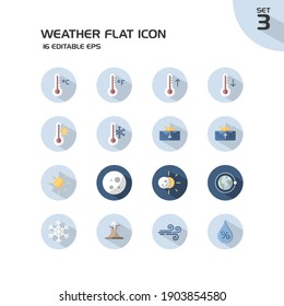 Weather and meteorology group. Temperature, humidity and natural phenomenon. Isolated icon set in a circle. Flat vector illustration