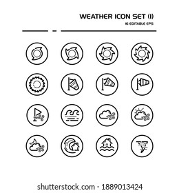 Weather and meteorology line icon set in a circle. Wind, sea and natural disasters. Outline vector illustration