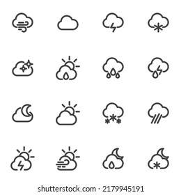 Weather, meteorology line icons set, outline vector symbol collection, linear style pictogram pack. Signs, logo illustration. Set includes icons as rainy cloud, snow, wind, stormy weather cloud, sun