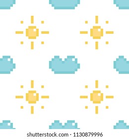Weather, meteorology seamless pattern background with cute pixel sun and cloud icons.