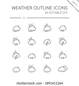 Weather and meteorology thin line icon set. Clouds, fog, rain, storm, snow and sleet. Outline vector illustration