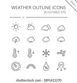 Weather And Meteorology Thin Line Icon Set. Sun, Clouds, Temperature And Pressure. Outline Vector Illustration