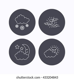 Weather, mist and snow icons. Moon night, clouds linear signs. Flat icons in circle buttons on white background. Vector