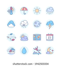 Weather mobile app - line design style icons set. Seasonal and forecast idea. Thermometer, umbrella, sun, rain, cloudy, snow, moon, lightning, wind, partly, map, calendar, storm, drop, ice, night