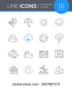 Weather mobile app - Line Design Style Icons Set. Saison und Vorhersage Idee. Thermometer, Regenschirm, Sonne, Regen, bewölkt, Schnee, Mond, Blitz, Wind, teilweise, Karte, Kalender, Sturm, Sturm, Eis, Nacht