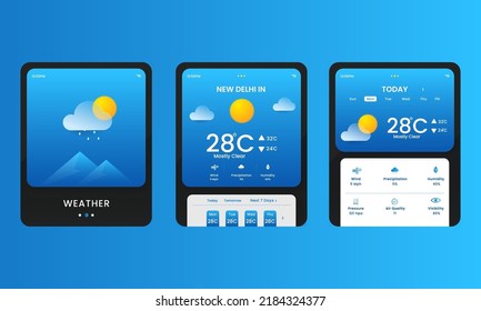 Weather Mobile App UI Kit Or Social Media Post Set On Blue Background.