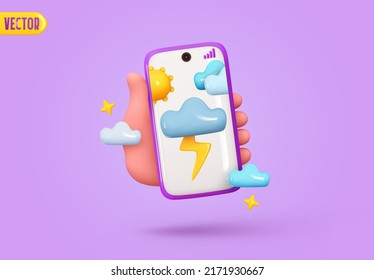 El tiempo en el teléfono móvil. Aplicación meteorológica en línea. Mano sosteniendo un smartphone moderno. Idea de concepto creativo. Diseño 3d realista. Aislado sobre el fondo lila. Ilustración del vector