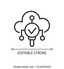 Weather monitoring pixel perfect linear icon. Cloud storage technology. Internet of Things. Thin line illustration. Contour symbol. Vector outline drawing. Editable stroke. Arial font used