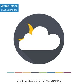 Weather - moon and cloud flat icon with long shadow. Vector Illustration.