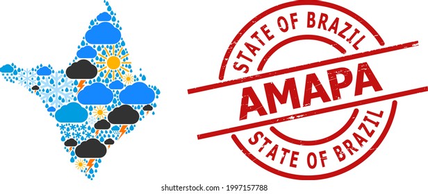 Weather mosaic map of Amapa state, and distress red round seal. Geographic vector mosaic map of Amapa state is organized with random rain, cloud, sun, thunderstorm elements.