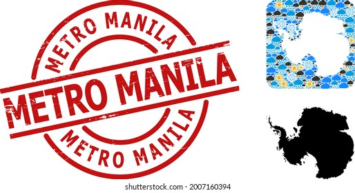Weather mosaic map of Antarctica, and grunge red round Metro Manila stamp seal. Geographic vector composition map of Antarctica is constructed as hole from rounded square and random rain, cloud, sun,