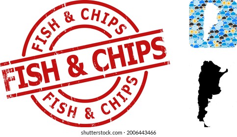Weather mosaic map of Argentina, and scratched red round Fish and Chips seal. Geographic vector concept map of Argentina is created as subtraction from rounded square and scattered rain, cloud, sun,