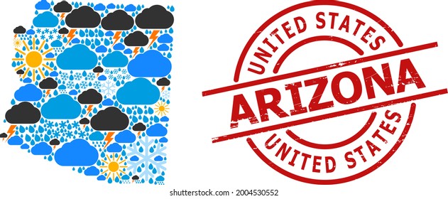 Weather mosaic map of Arizona State, and textured red round stamp seal. Geographic vector mosaic map of Arizona State is composed from random rain, cloud, sun, thunderstorm elements.