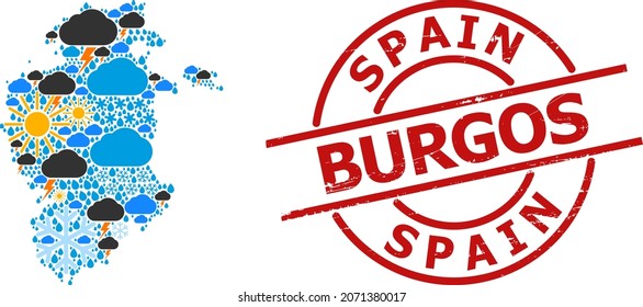 Weather mosaic map of Burgos Province, and grunge red round badge. Geographic vector mosaic map of Burgos Province is organized from randomized rain, cloud, sun, thunderstorm elements.
