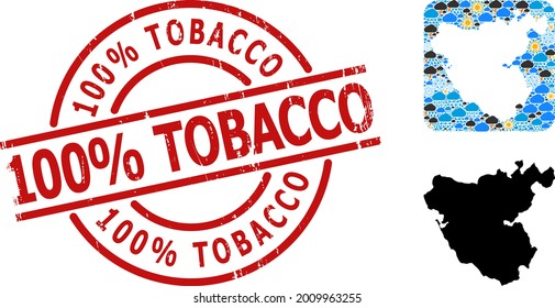 Weather mosaic map of Cadiz Province, and rubber red round 100 percent Tobacco badge. Geographic vector composition map of Cadiz Province is combined as hole from rounded square and random rain, cloud