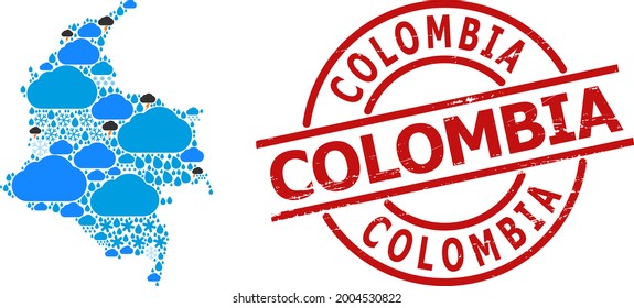 Weather mosaic map of Colombia, and grunge red round stamp. Geographic vector mosaic map of Colombia is composed from randomized rain, cloud, sun, thunderstorm elements.