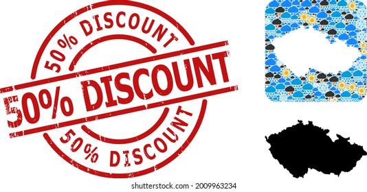 Weather mosaic map of Czech Republic, and distress red round 50 percent Discount badge. Geographic vector composition map of Czech Republic is organized as stencil from rounded square and scattered