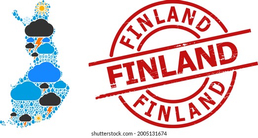 Weather mosaic map of Finland, and textured red round badge. Geographic vector collage map of Finland is organized with randomized rain, cloud, sun, thunderstorm.
