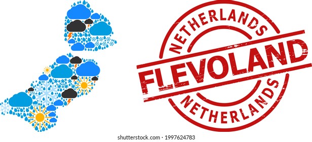 Weather mosaic map of Flevoland Province, and scratched red round badge. Geographic vector mosaic map of Flevoland Province is combined from random rain, cloud, sun, thunderstorm items.