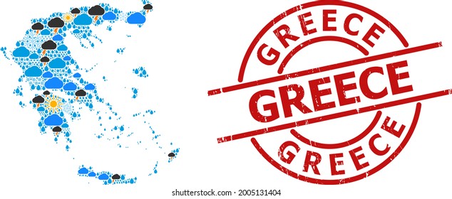 Mapa de mosaicos climáticos de Grecia y sello rojo redondo de goma. El mapa geográfico de mosaicos vectoriales de Grecia se construye a partir de lluvias dispersas, nubes, sol, elementos de tormenta.