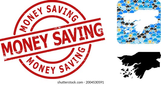 Weather mosaic map of Guinea-Bissau, and distress red round Money Saving stamp seal. Geographic vector concept map of Guinea-Bissau is done as hole from rounded square and randomized rain, cloud, sun,