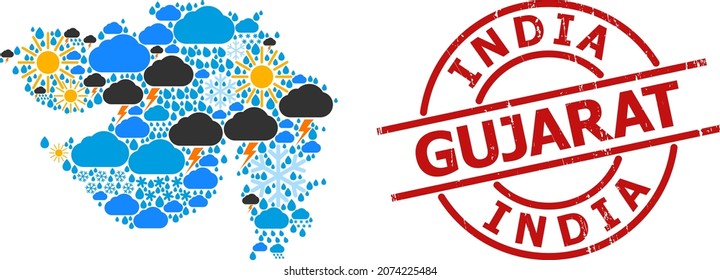 Weather Mosaic Map Of Gujarat State, And Textured Red Round Seal. Geographic Vector Mosaic Map Of Gujarat State Is Composed With Scattered Rain, Cloud, Sun, Thunderstorm Icons.