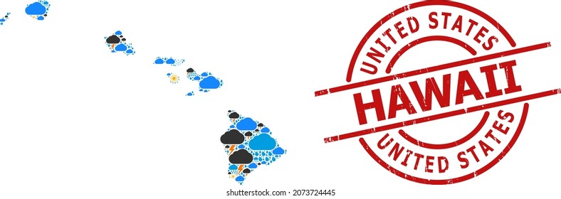 Weather mosaic map of Hawaii State, and grunge red round stamp seal. Geographic vector mosaic map of Hawaii State is done with random rain, cloud, sun, thunderstorm symbols.