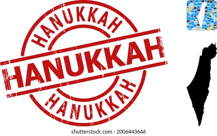 Weather mosaic map of Israel, and grunge red round Hanukkah stamp. Geographic vector collage map of Israel is combined as hole from rounded square and randomized rain, cloud, sun, thunderstorm.