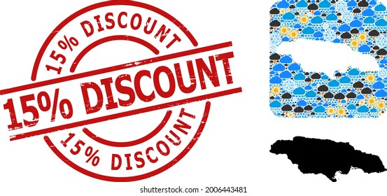 Weather mosaic map of Jamaica, and textured red round 15 percent Discount badge. Geographic vector composition map of Jamaica is constructed as subtraction from rounded square and random rain, cloud